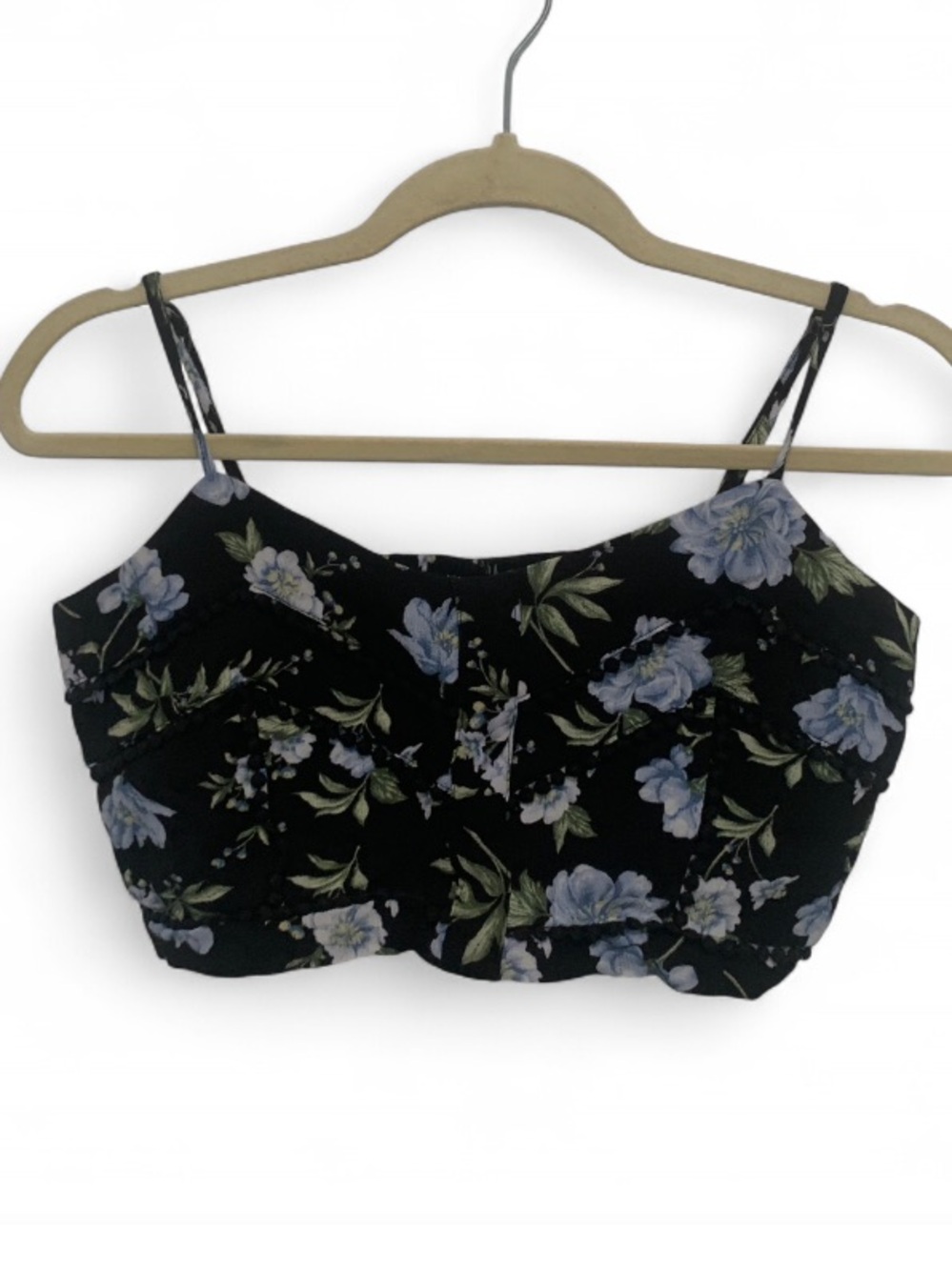 American Eagle Black Blue Floral Boho Cropped Tank Top